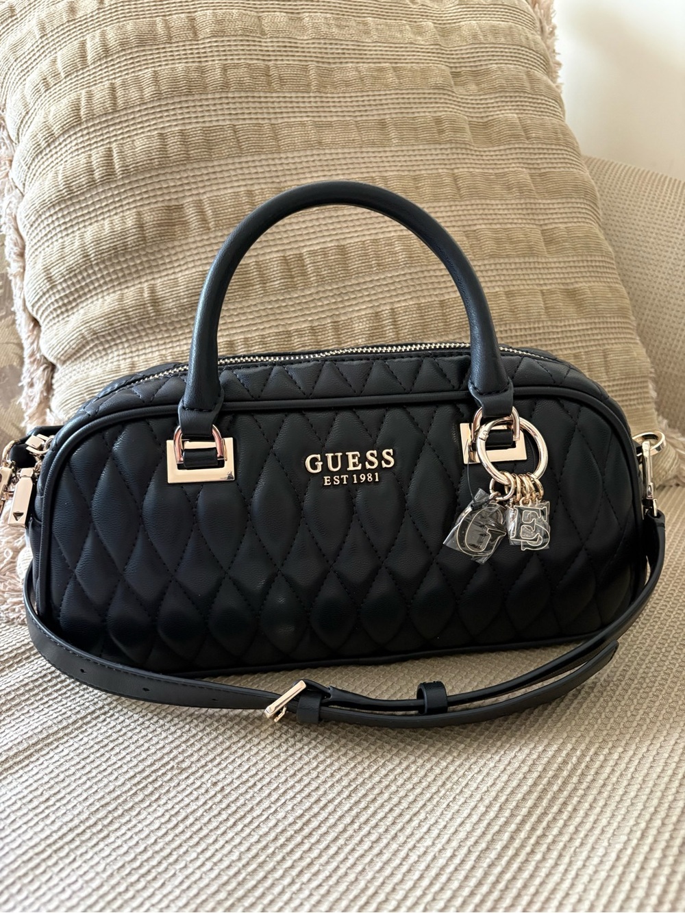GUESS Valla Medium Black Satchel with Gold Accents